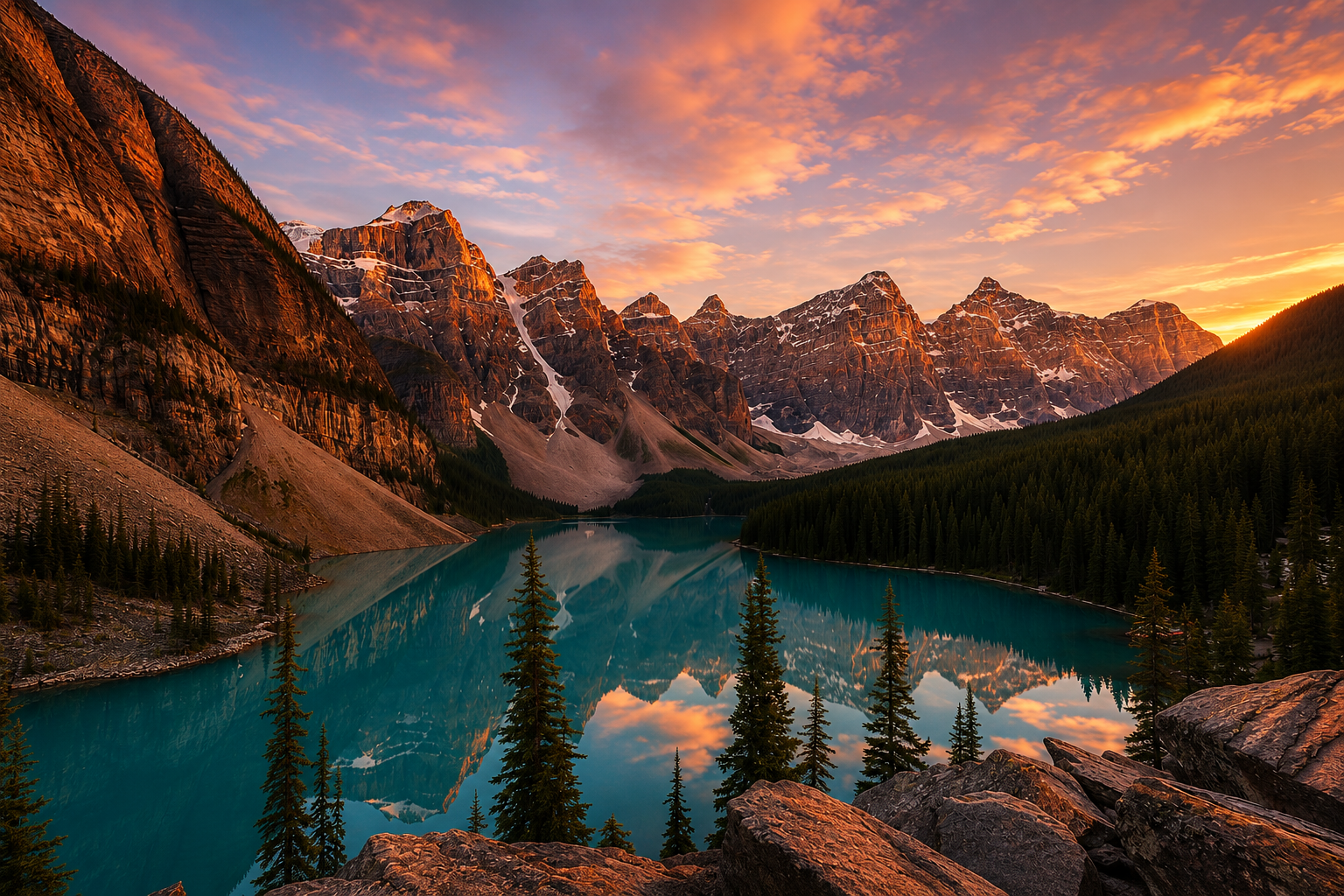 Canadian mountain lake at sunset